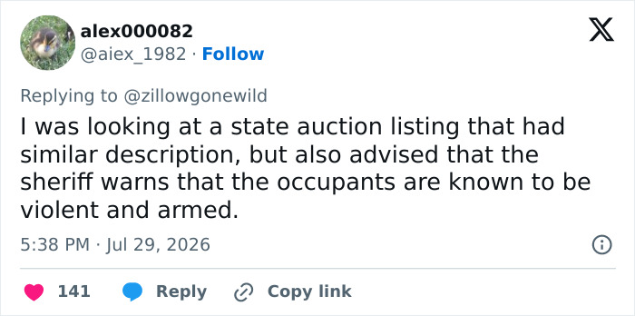 A Zillow listing comment describing a state auction advising occupants are violent and armed. A Zillow listing comment describing a state auction advising occupants are violent and armed.