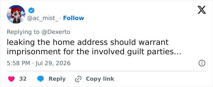 Twitter post by ac_mist_, stating that leaking home addresses should lead to imprisonment for those involved in the eBay campaign.
