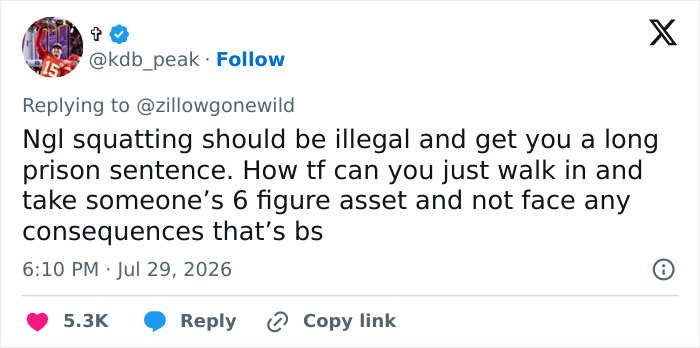 A viral tweet about the Zillow listing, stating squatting should be illegal and get a long prison sentence. A viral tweet about the Zillow listing, stating squatting should be illegal and get a long prison sentence.