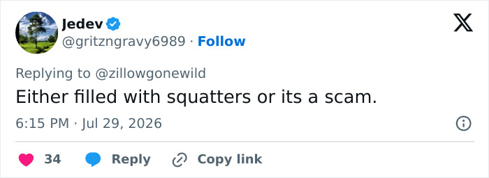 A social media comment from Jedev about the Zillow listing that went viral, suggesting it's a scam or has squatters. A social media comment from Jedev about the Zillow listing that went viral, suggesting it's a scam or has squatters.