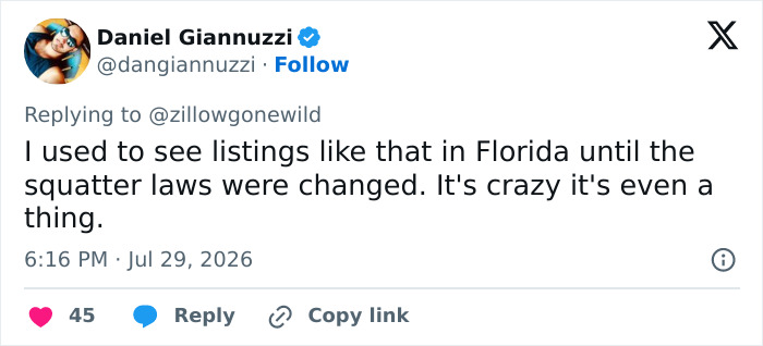 A viral Zillow listing comment from Daniel Giannuzzi about squatter laws. A viral Zillow listing comment from Daniel Giannuzzi about squatter laws.