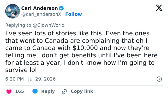 A tweet about a Trans American fleeing US to Canada and complaining about European asylum center conditions. A tweet about a Trans American fleeing US to Canada and complaining about European asylum center conditions.