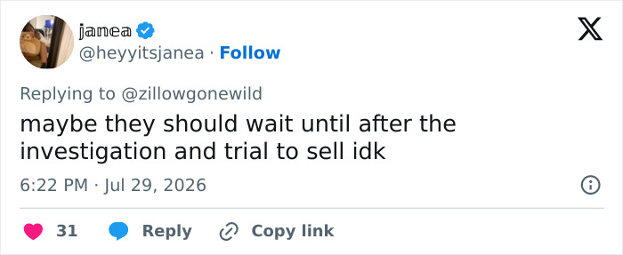 A social media comment from Janea about the Zillow listing that went viral, questioning the timing of the sale. A social media comment from Janea about the Zillow listing that went viral, questioning the timing of the sale.