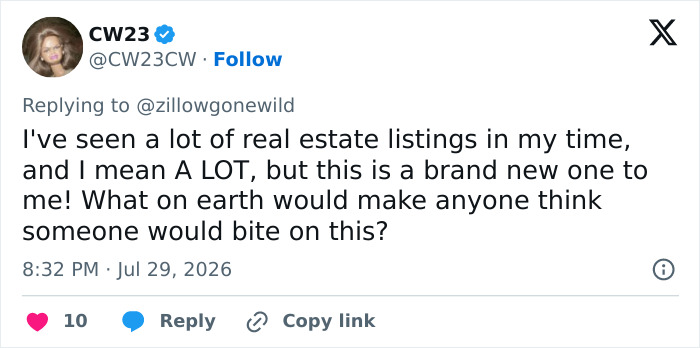 A Zillow listing tweet about a buyer needing to remove the woman currently living there. A Zillow listing tweet about a buyer needing to remove the woman currently living there.