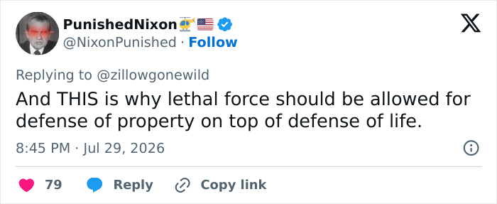 A viral Zillow listing comment from PunishedNixon about lethal force for property defense. A viral Zillow listing comment from PunishedNixon about lethal force for property defense.