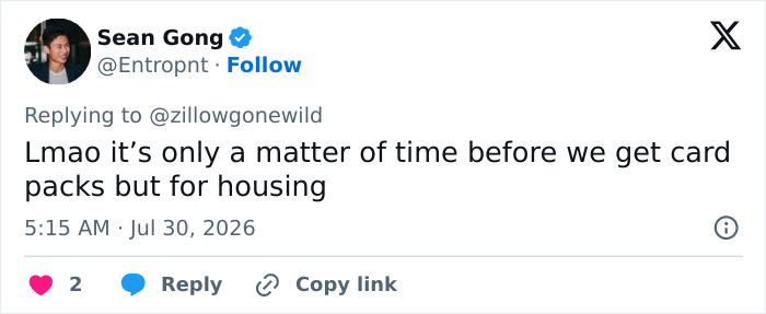 A screenshot of a tweet from Sean Gong about a viral Zillow listing, joking about housing card packs. A screenshot of a tweet from Sean Gong about a viral Zillow listing, joking about housing card packs.