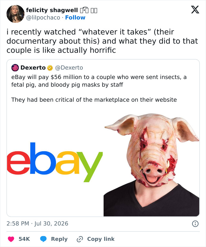 A tweet about eBay paying millions to a couple, showing the massive karma after their lives were ruined.