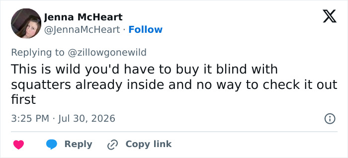 A social media comment from Jenna McHeart about the Zillow listing that went viral, highlighting the issue of squatters. A social media comment from Jenna McHeart about the Zillow listing that went viral, highlighting the issue of squatters.
