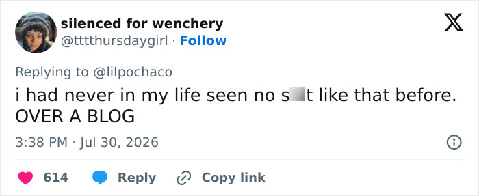 Screenshot of a tweet reacting to the extreme nature of eBay's campaign to ruin an old couple's lives, emphasizing it was over a blog.