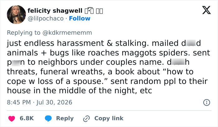 Screenshot of a tweet discussing eBay's campaign to ruin an old couple's lives, detailing harassment and threats.