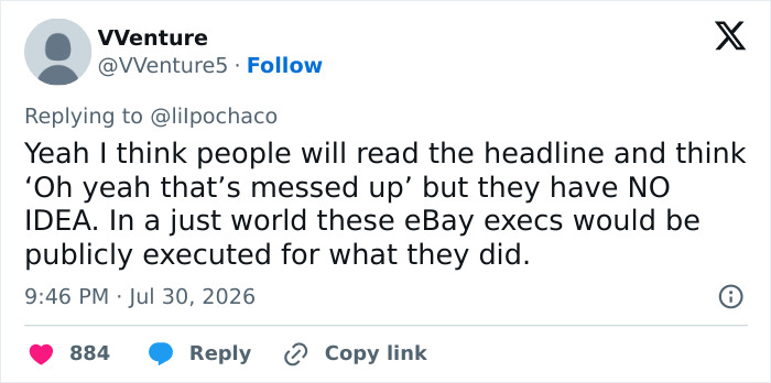 Screenshot of a tweet expressing outrage over eBay's campaign to ruin an old couple's lives, calling for justice.