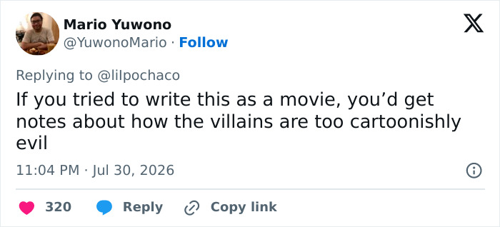 Tweet by Mario Yuwono about eBay's campaign, comparing the villains' cartoonishly evil actions.