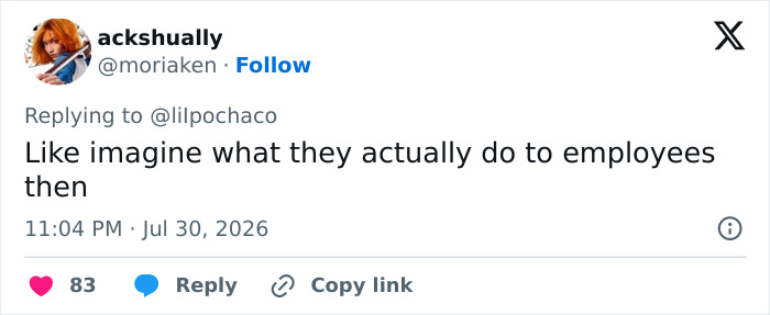 Tweet by ackshually imagining eBay's treatment of employees after their campaign to ruin an old couple's lives.