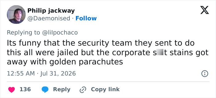 Tweet by Philip jackway contrasting jailed security with corporate golden parachutes in eBay's campaign.