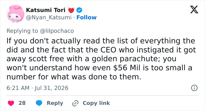 Tweet by Katsumi Tori discussing the small settlement for eBay's campaign to ruin an old couple's lives.