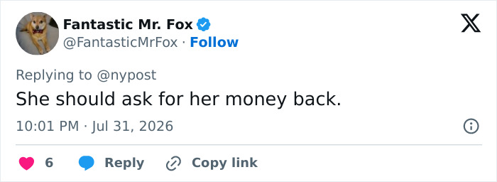 A social media post suggesting 'She should ask for her money back' in response to weight loss results. A social media post suggesting 'She should ask for her money back' in response to weight loss results.