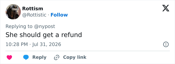 A social media comment from Rottism suggesting a refund for issues related to weight loss results. A social media comment from Rottism suggesting a refund for issues related to weight loss results.