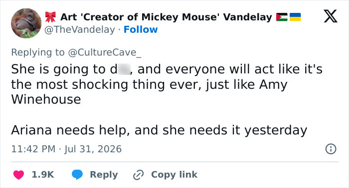 A tweet expressing concern for Ariana Grande's health, urging her to get help, referencing her music video appearance. A tweet expressing concern for Ariana Grande's health, urging her to get help, referencing her music video appearance.