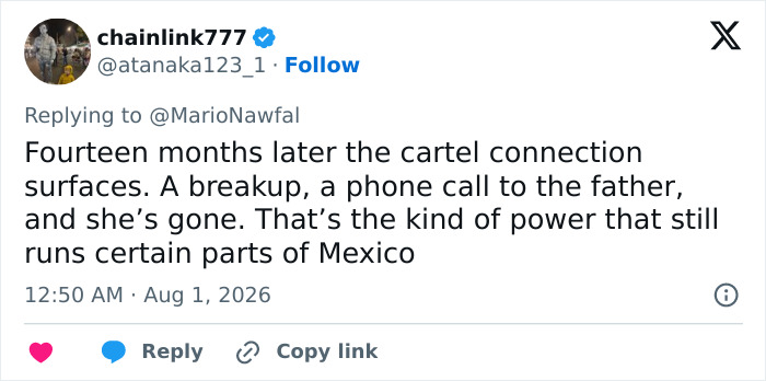 A tweet from chainlink777 detailing the cartel connection in the beauty influencer's assassination during livestream. A tweet from chainlink777 detailing the cartel connection in the beauty influencer's assassination during livestream.