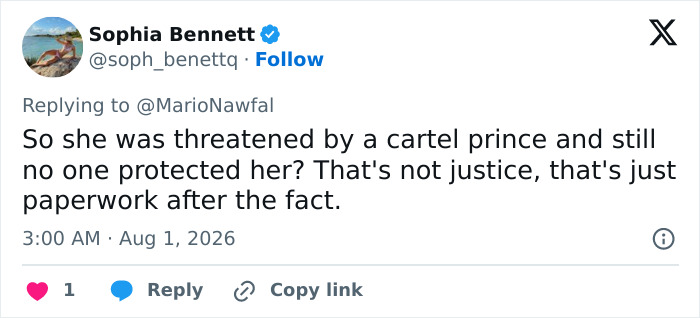 A social media post discussing a cartel prince's threat and the lack of protection for a beauty influencer prior to her assassination. A social media post discussing a cartel prince's threat and the lack of protection for a beauty influencer prior to her assassination.
