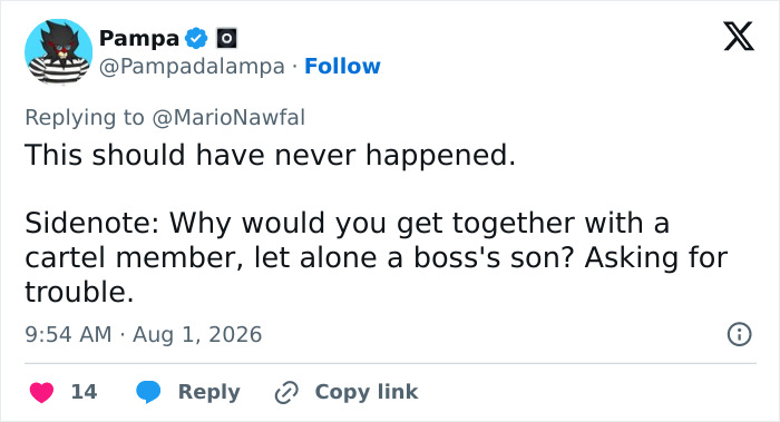 A tweet commenting on a beauty influencer and a cartel boss, saying this should have never happened. A tweet commenting on a beauty influencer and a cartel boss, saying this should have never happened.