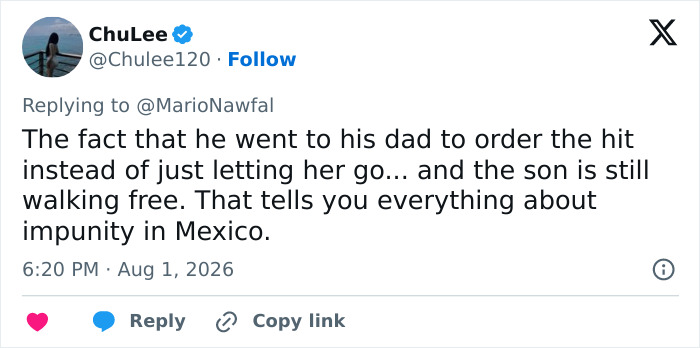 A tweet discussing a beauty influencer's assassination by a cartel boss, highlighting impunity in Mexico. A tweet discussing a beauty influencer's assassination by a cartel boss, highlighting impunity in Mexico.