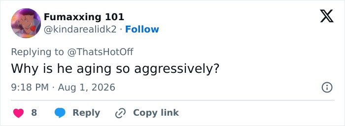 A tweet asking, Why is he aging so aggressively?, commenting on a Hollywood star aging like milk. A tweet asking, Why is he aging so aggressively?, commenting on a Hollywood star aging like milk.