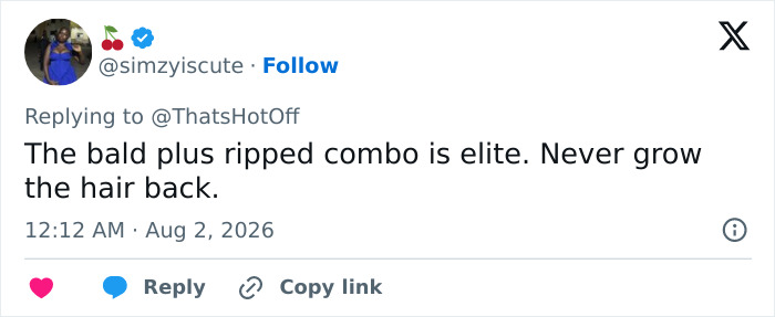 Tweet by simzyiscute praising a Hollywood star's bald and ripped physique. Tweet by simzyiscute praising a Hollywood star's bald and ripped physique.