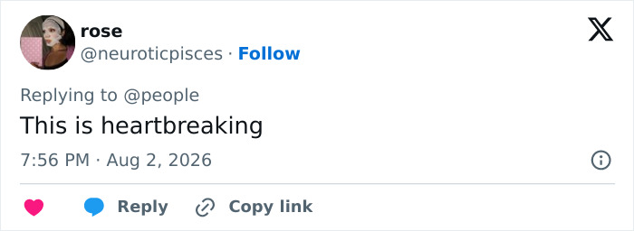 A tweet from @neuroticpisces, named rose, replying to @people with the text This is heartbreaking, regarding Ariana Grande acting role. A tweet from @neuroticpisces, named rose, replying to @people with the text This is heartbreaking, regarding Ariana Grande acting role.