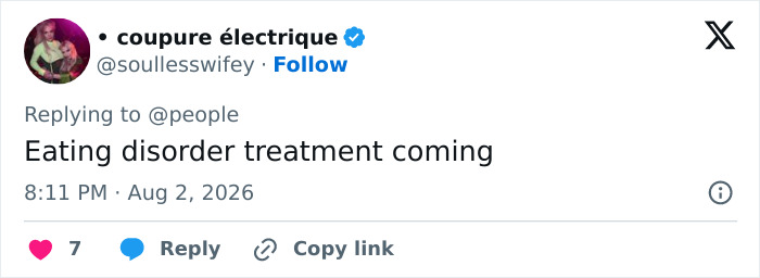 A social media post from @soulleswifey stating, Eating disorder treatment coming, regarding Ariana Grande's acting role. A social media post from @soulleswifey stating, Eating disorder treatment coming, regarding Ariana Grande's acting role.