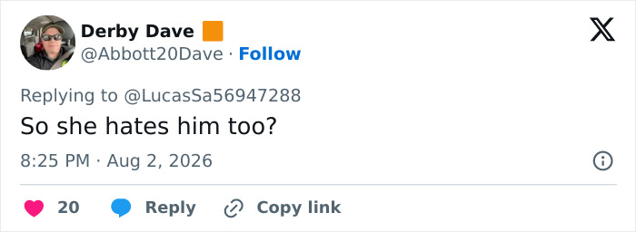 Screenshot of a tweet from Derby Dave asking if the assistant hates Trump too, amidst scrutiny of Melania's absence.