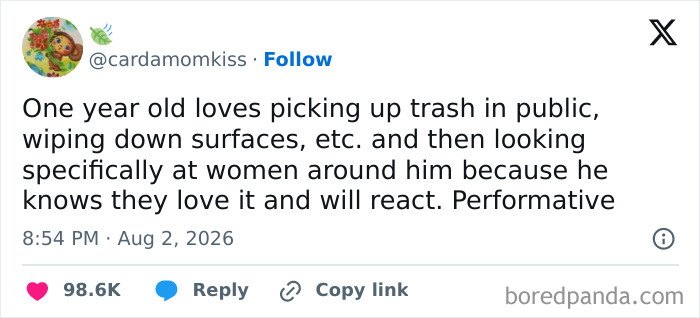 A tweet about a one-year-old performatively picking up trash in public, illustrating the comedy of raising kids.