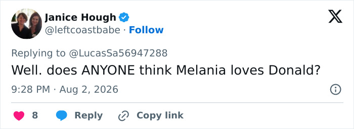 Screenshot of a tweet from Janice Hough questioning Melania's absence from public life and Trump's comments.