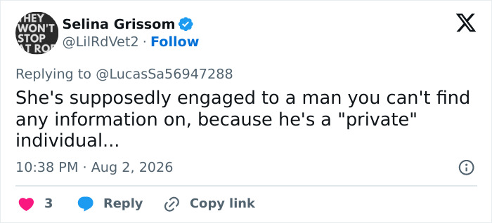 Screenshot of a tweet from Selina Grissom mentioning Trump's comments about his assistant and Melania's absence.