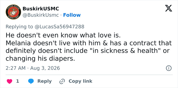 Screenshot of a social media comment stating Melania doesn't live with Trump and has a contract, regarding Melania's absence.
