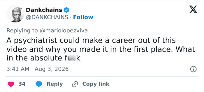 Screenshot of a tweet from Dankchains replying to Mario Lopez's creepy video of his niece, questioning his actions.