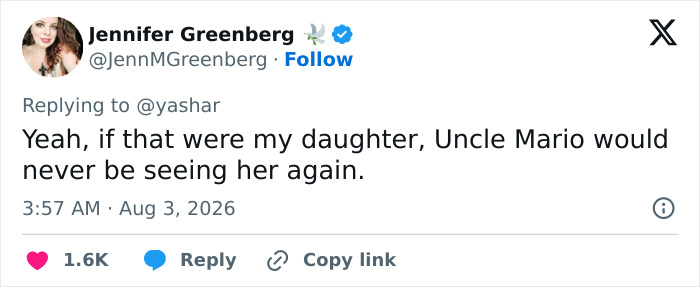 Screenshot of a tweet by Jennifer Greenberg about Mario Lopez and his niece, commenting on the video.