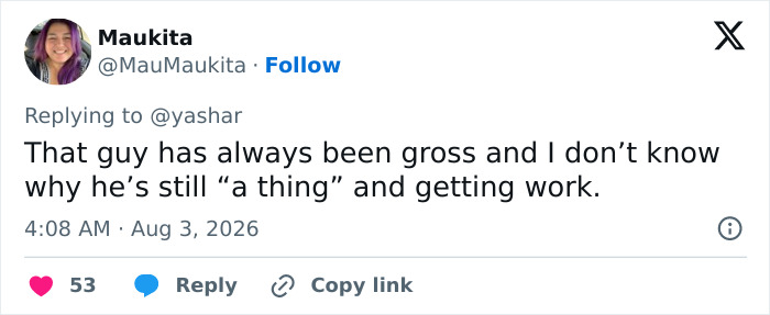 Screenshot of a tweet from Maukita calling Mario Lopez gross and questioning why he still gets work after his creepy video.