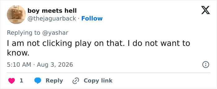A tweet from boy meets hell refusing to watch Mario Lopez's creepy video of his niece.