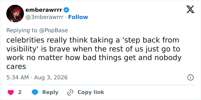 Screenshot of a tweet from emberawrrr about Ariana Grande dropping out of acting role. Screenshot of a tweet from emberawrrr about Ariana Grande dropping out of acting role.