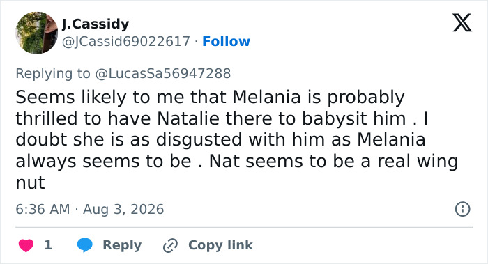 Social media comment suggesting Melania is thrilled to have Natalie babysit Trump, related to Melania's absence.
