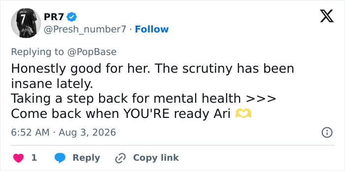 A tweet supporting Ariana Grande's decision to drop out of an acting role for mental health, after her music video appearance. A tweet supporting Ariana Grande's decision to drop out of an acting role for mental health, after her music video appearance.