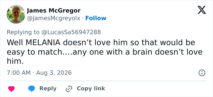 Screenshot of a tweet from James McGregor commenting Melania doesn't love him, referencing Trump's comments and Melania's absence.