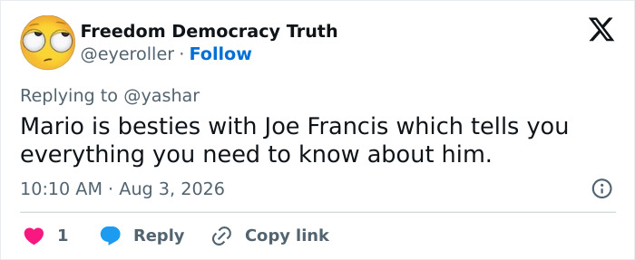 Screenshot of a tweet from Freedom Democracy Truth stating Mario is besties with Joe Francis, linking to his creepy video.