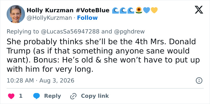 Screenshot of a social media comment suggesting a woman wants to be the 4th Mrs. Trump, commenting on Trump's comments.