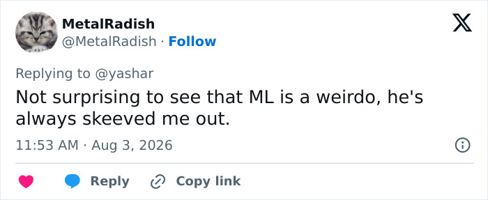 A tweet from MetalRadish about Mario Lopez's creepy video of his niece, calling him a weirdo.