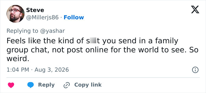 A tweet from Steve about Mario Lopez's creepy video of his niece, suggesting it's not for public posting.