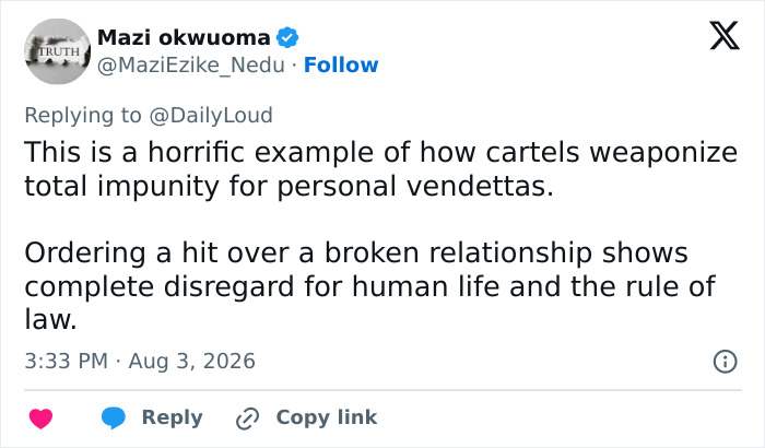 A tweet about a cartel boss and a beauty influencer, condemning cartels' use of impunity for vendettas. A tweet about a cartel boss and a beauty influencer, condemning cartels' use of impunity for vendettas.