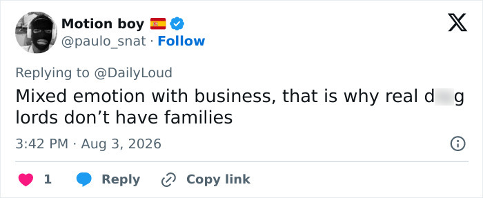 A tweet about a cartel boss and a beauty influencer, discussing d**g lords not having families. A tweet about a cartel boss and a beauty influencer, discussing d**g lords not having families.