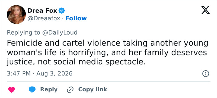 A tweet about femicide and cartel violence, expressing a need for justice for a young woman's family. A tweet about femicide and cartel violence, expressing a need for justice for a young woman's family.